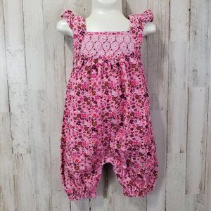 Pumpkin Patch Baby Girls Overalls Romper 6-12 Mo Pink Floral Ruffled Elastic Hem